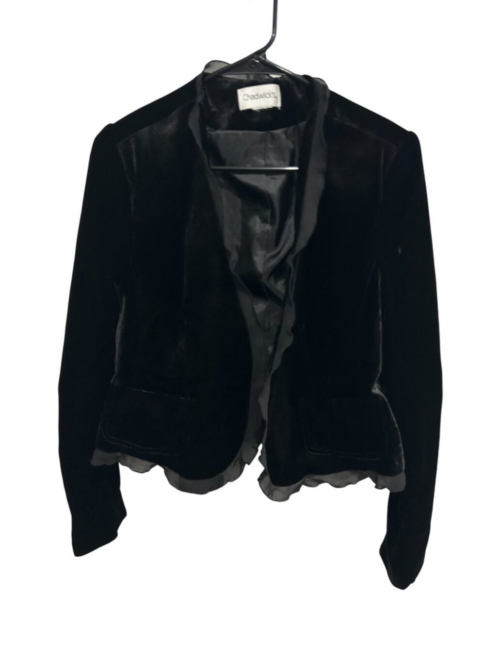 Chadwick's Black Velvet Scalloped Trim Jacket Front Pockets Romantic Goth Retro